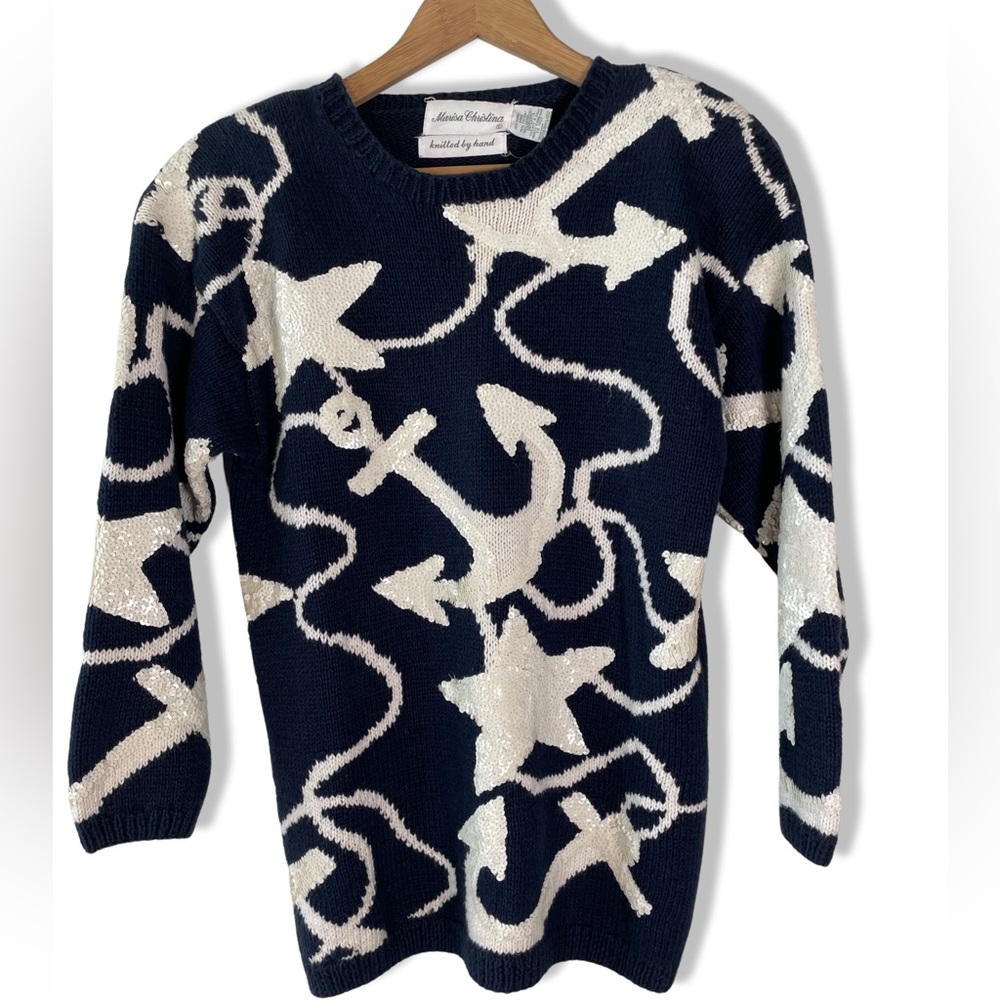 Vintage Marisa Christina Nautical Anchor Sweater S Hand Knitted Stars Navy Blue